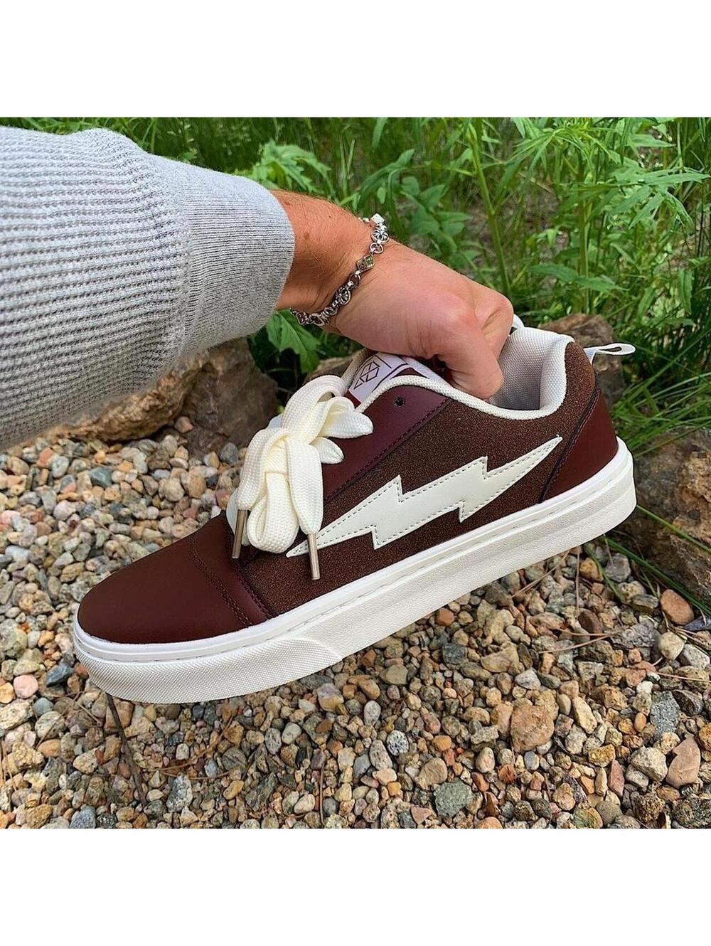 Y2k style Skater Streetwear Brown with White lightning bolt grey sneakers. Nice - Picture 4 of 8